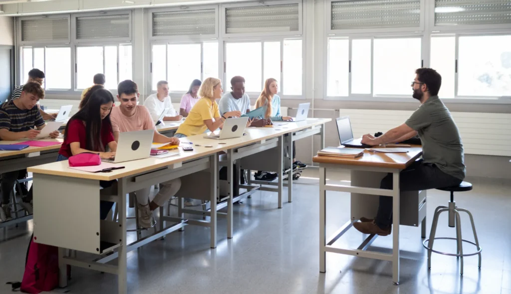 group of diverse teenage students and a male teach